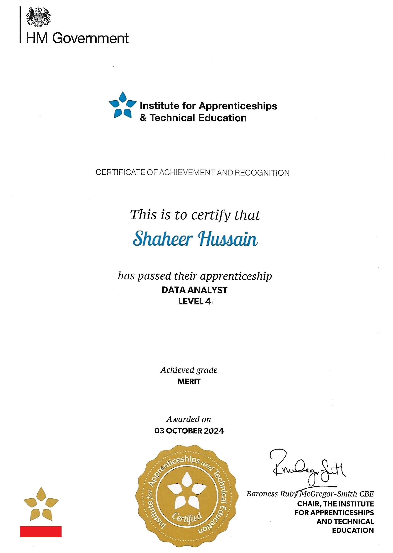 HM Government Apprenticeship Certificate - Data Analyst, Level 4, Merit