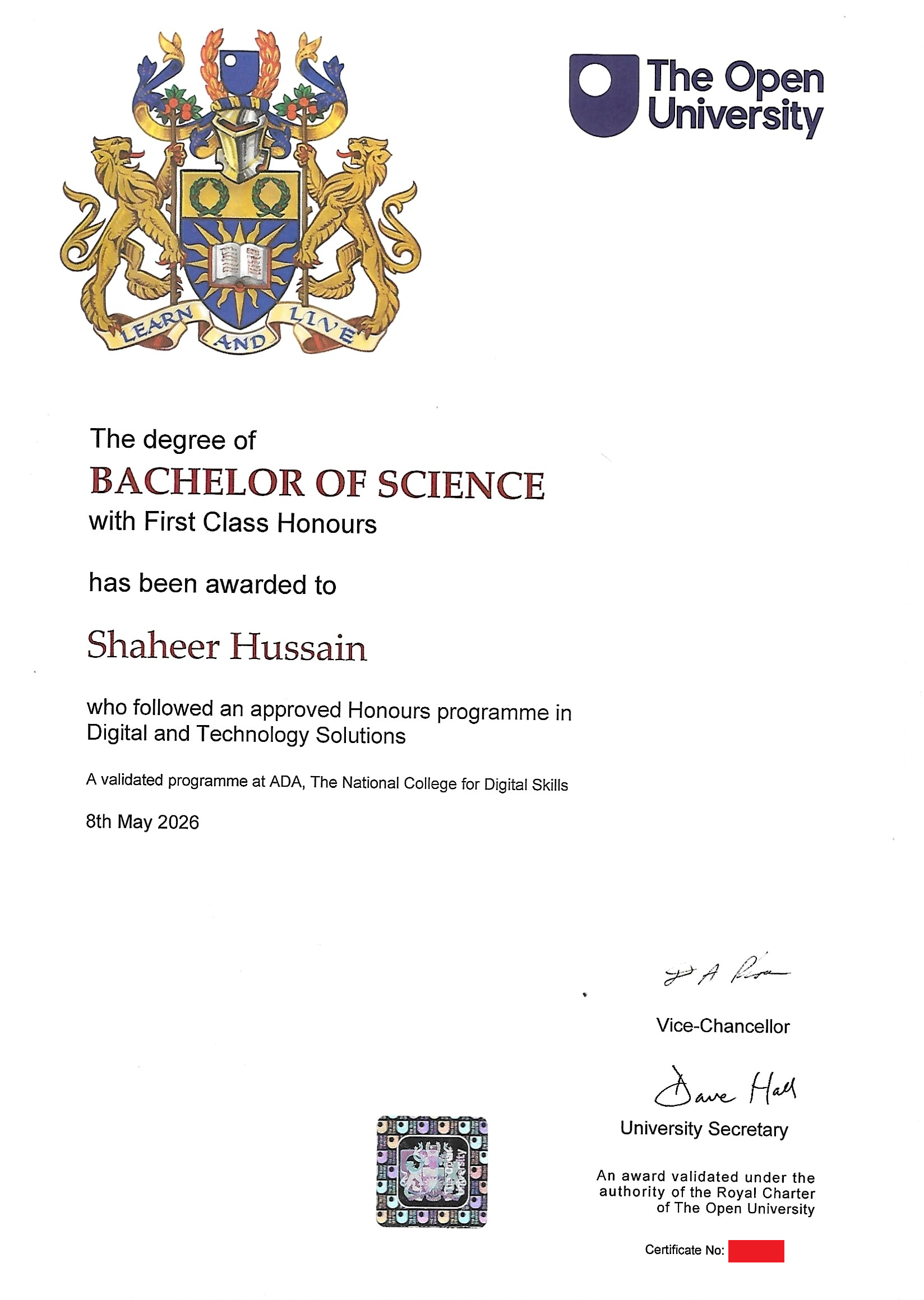 The Open University - BSc (Hons) Degree Certificate, Digital and Technology Solutions, First Class Honours