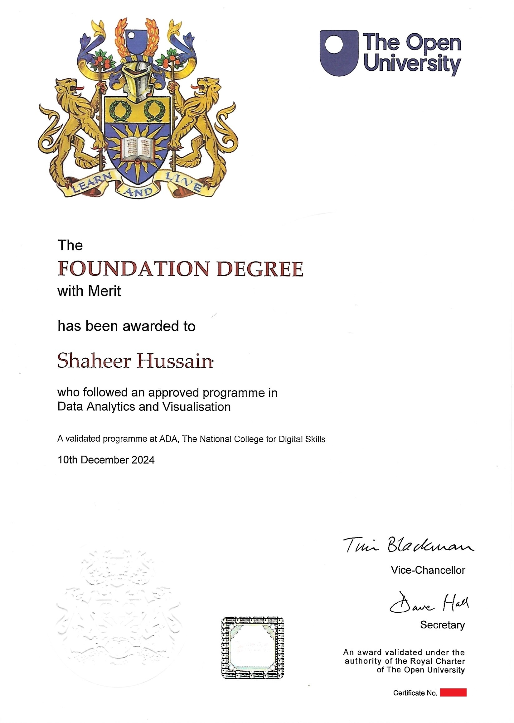 The Open University - Foundation Degree Certificate with Merit, Data Analytics and Visualisation