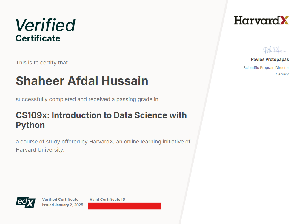 HarvardX Verified Certificate - CS109x: Introduction to Data Science with Python